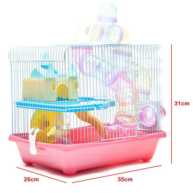 Hamster Cage Castle Series YDA306 in assorted colors, featuring a wheel, tube tunnel, and plastic base, dimensions 35x31x26cm.