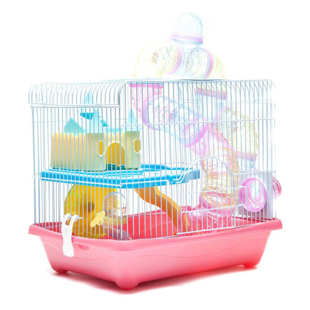 Hamster Cage Castle Series YDA306 with assorted colors, plastic base, and included accessories like wheel and tunnel.