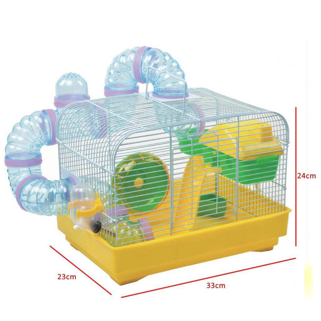 Hamster cage with colorful tubes, wheel, and accessories, measurements 33x23x24cm, ideal for small pets.