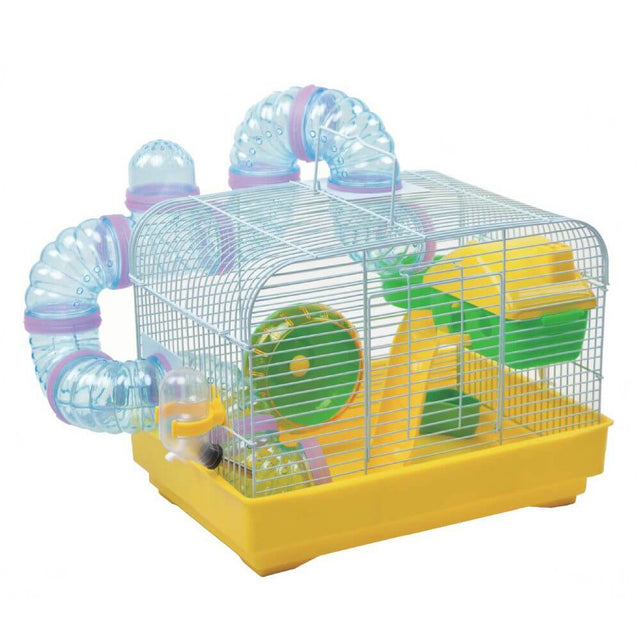 Colorful hamster cage with tubes, wheel, and accessories - YDB236, 33x23x24cm, steel and plastic construction.