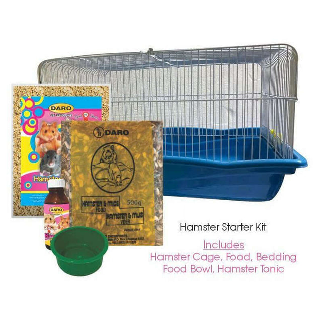 Hamster Deluxe Starter Kit with cage, food, bedding, food bowl, and tonic for a happy pet hamster.