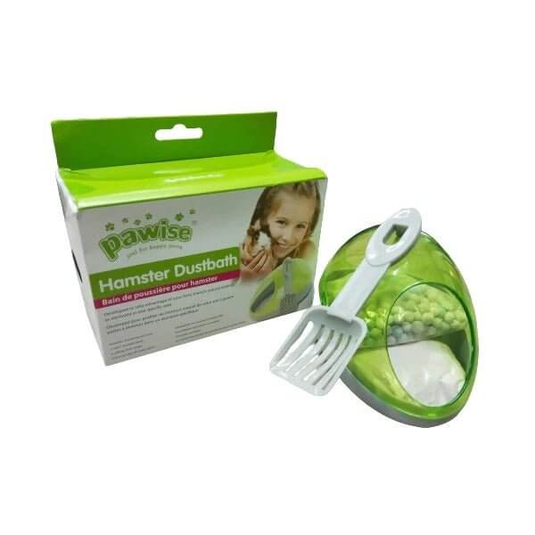 Hamster Dustbath kit with packaging and scoop for cleaning, ideal for maintaining hamster hygiene and health.