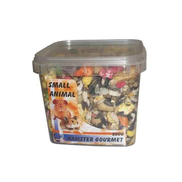Hamster Gourmet food container 500g with colorful treat mix for small animals. Ideal nutrition for hamsters.