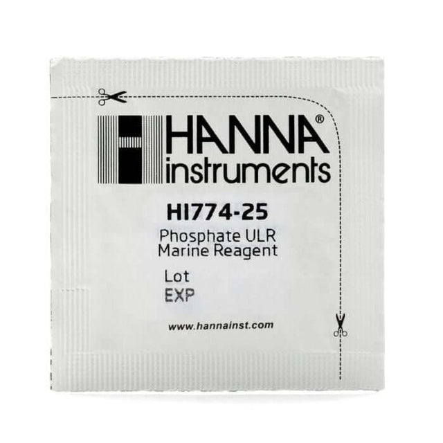 Hanna HI774-25 Phosphate ULR Marine Reagent packet for handheld colorimeter, perfect for marine water testing.