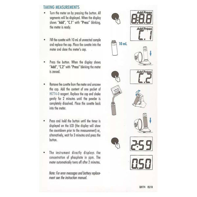 Instructions for using Hanna HI774 Phosphate Colorimeter, detailing measurement steps and display readings.