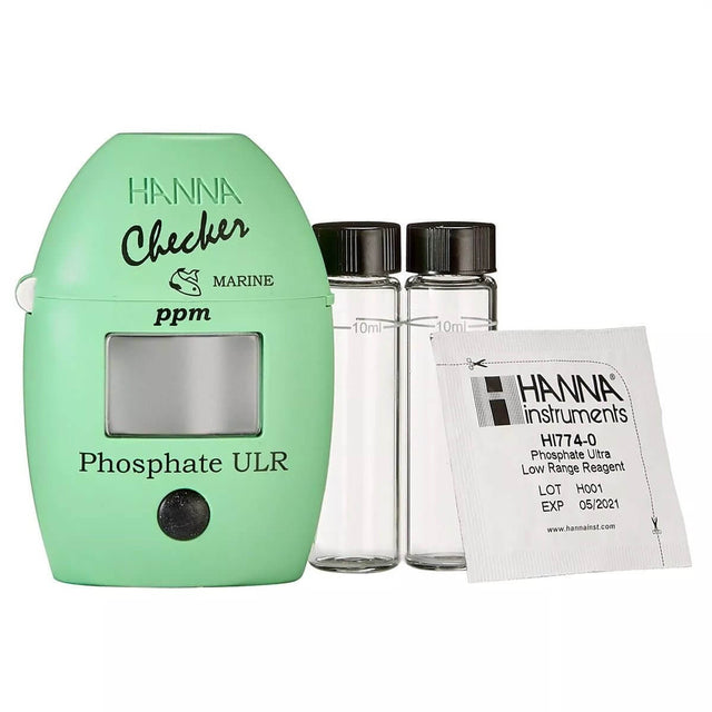 Hanna HI774 Phosphate Ultra Low Range Colorimeter with reagent and vials for marine systems testing.