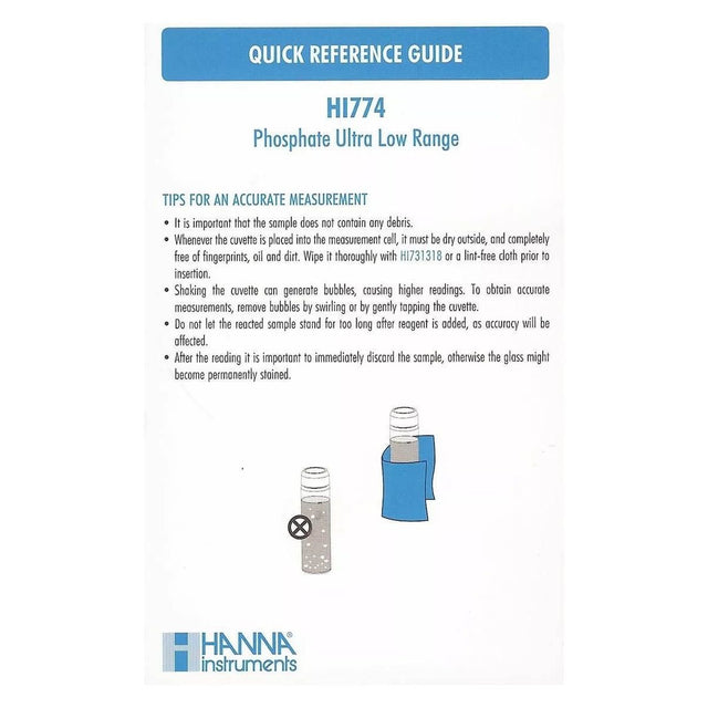 Quick reference guide for Hanna HI774 Phosphate Ultra Low Range colorimeter with measurement tips.