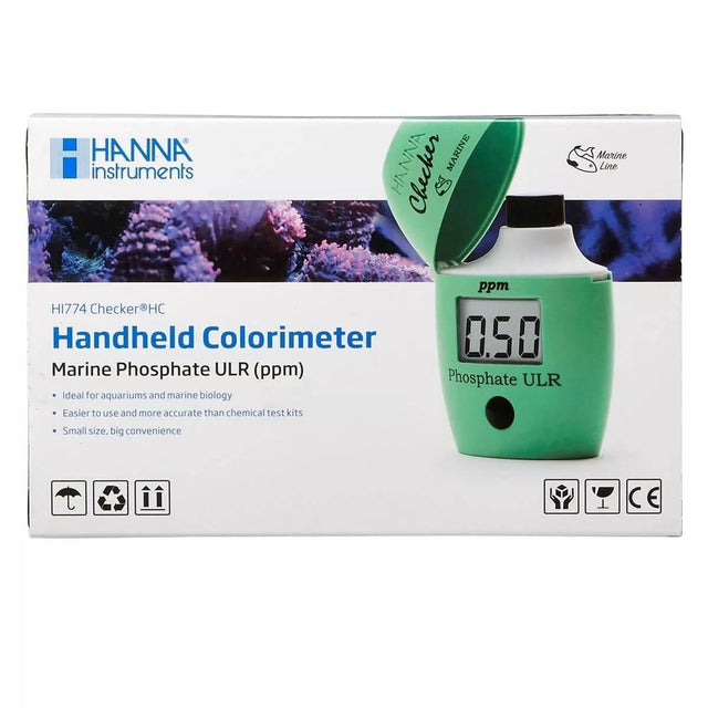 Hanna HI774 Phosphate Ultra Low Range PPM Colorimeter for marine systems and reef tank phosphate measurement.