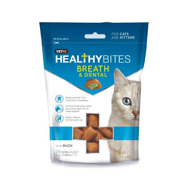 Healthy Bites Breath & Dental Treats for Cats 65g with Duck, designed for fresher breath and dental health in cats and kittens.