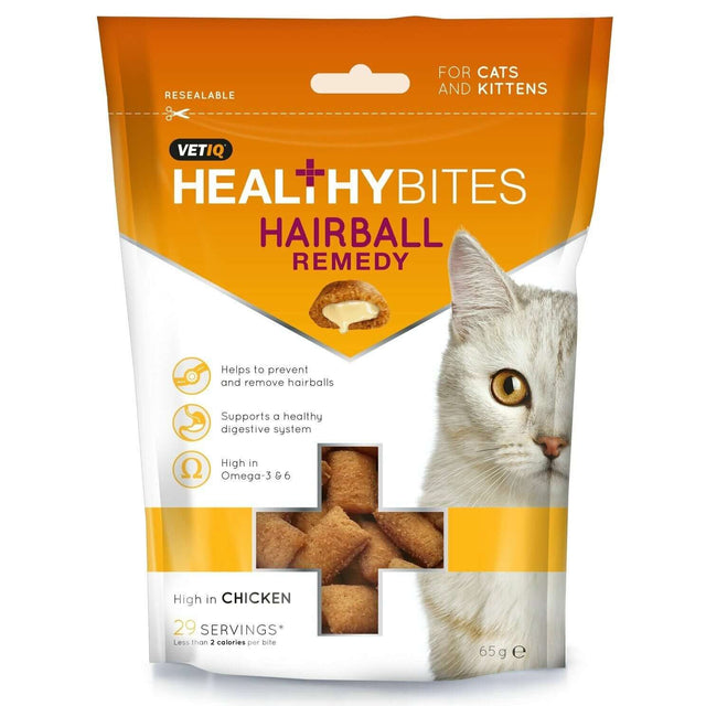 Healthy Bites Hairball Remedy for Cats 65g bag, supports gut health and hairball prevention, high in chicken flavor.