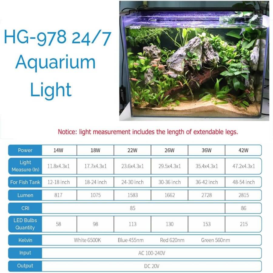 HG-978 24/7 Aquarium Light specifications including power, tank size, lumen, and LED bulb details for optimal aquatic illumination.