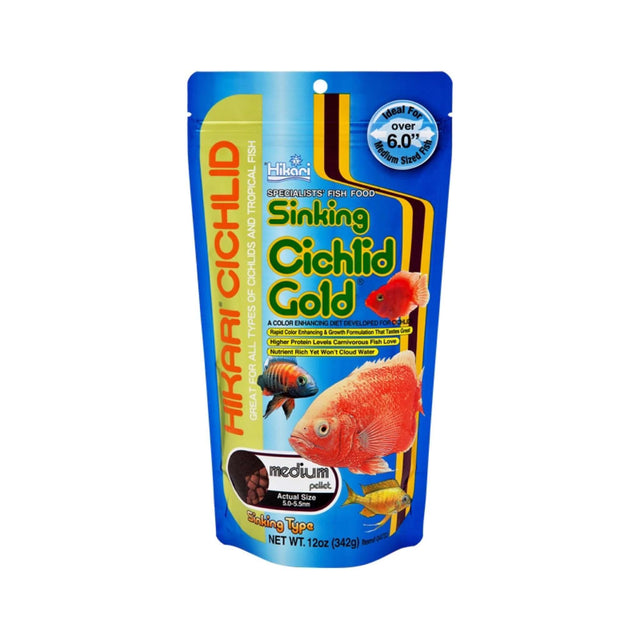 Hikari Cichlid Gold Sinking fish food packaging designed for enhancing color in cichlids and larger tropical fish.