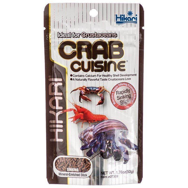 Hikari Crab Cuisine 50g packaging featuring rapidly sinking sticks for hermit crabs, lobsters, and aquatic scavengers.