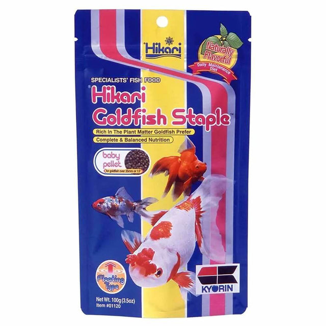Hikari Goldfish Staple baby pellet fish food packaging, rich in plant matter for balanced nutrition of goldfish and koi fry.