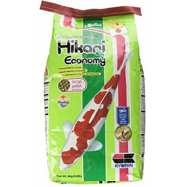 Hikari Koi Economy 4kg fish food bag with large pellets, ideal daily diet for koi and pond fish.