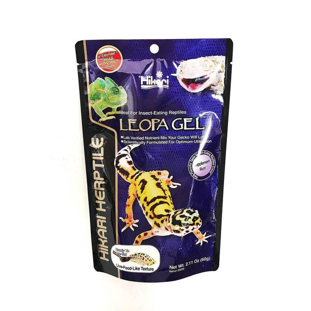 Hikari Leopa Gel 60g package designed for insect-eating reptiles like leopard geckos, featuring vibrant reptile graphics.
