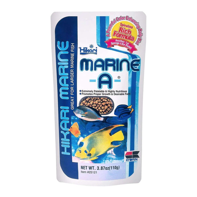 Hikari Marine A 110g packaging for larger marine fish, featuring high protein and color-enhancing nutrition.