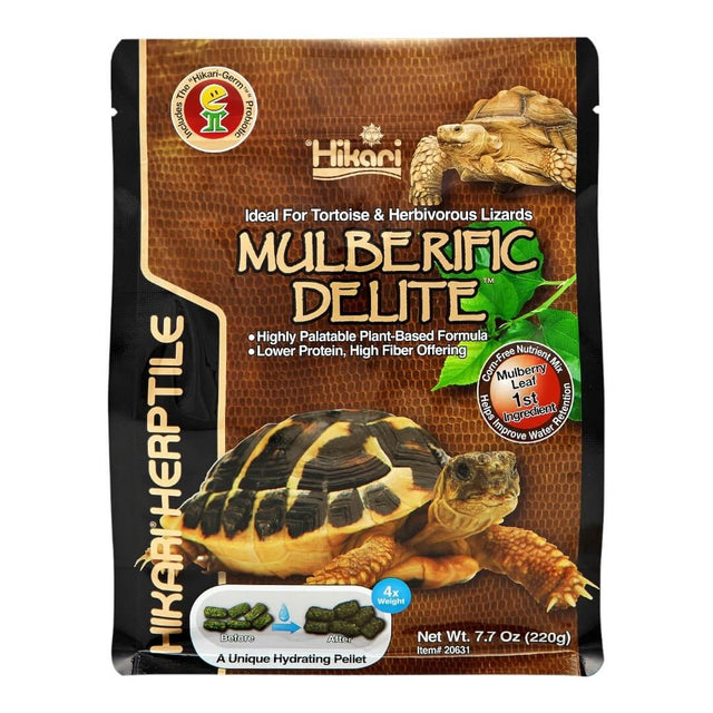 Hikari Mulberific Delite Tortoise Food bag featuring nutritional formula for healthy tortoise diets and moisture retention.
