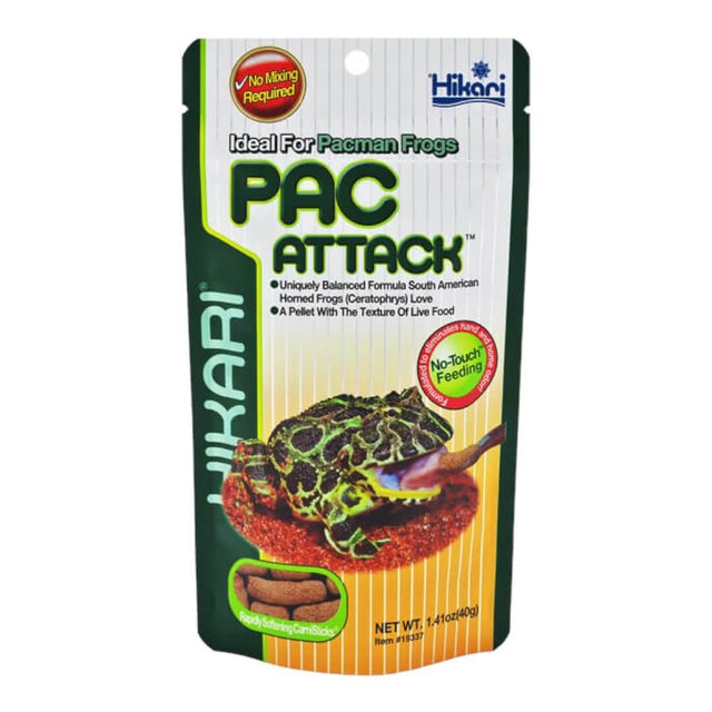 Hikari Pac Attack 40g packaging, designed for Pacman frogs with a sponge-like formula for easy feeding and nutrients.