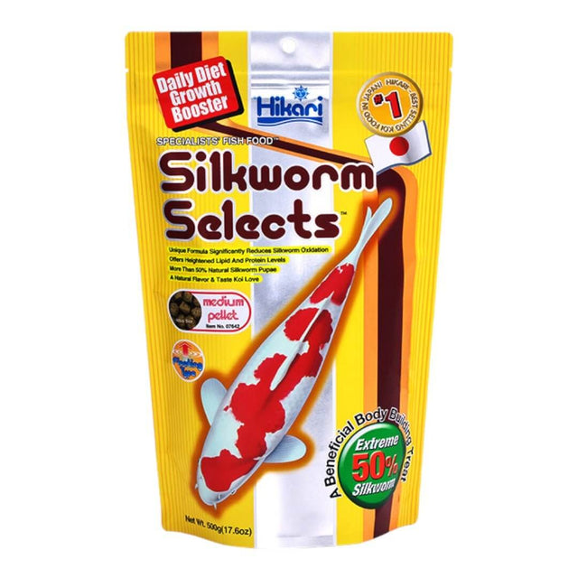 Hikari Silkworm Selects Koi Treat 500g packaging featuring benefits of silkworm for koi growth and health.