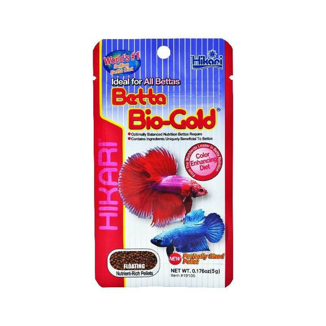 Hikari Tropical Betta Bio-Gold Food packaging with red and blue betta fish, nutrient-rich floating pellets for all bettas.
