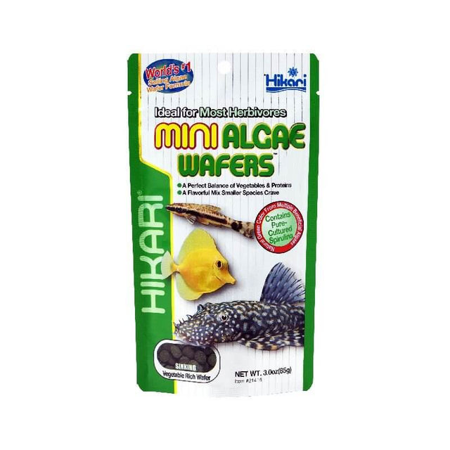 Hikari Tropical Mini Algae Wafers package featuring herbivorous fish food optimized for plecostomus and algae eaters.