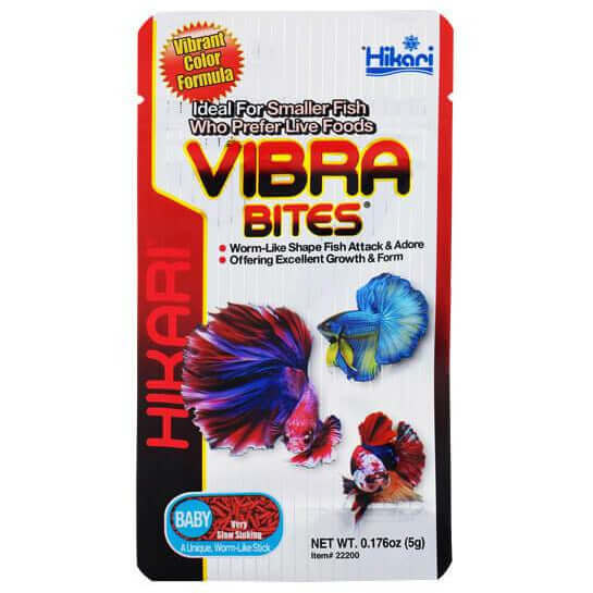 Hikari Vibra Bites packaging, bloodworm-shaped pellets for small fish, promoting growth and vibrant colors.