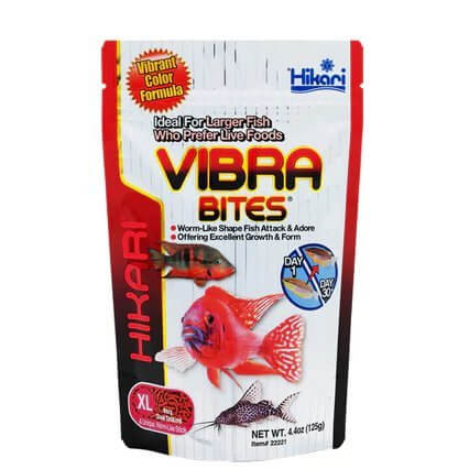 Hikari Vibra Bites bloodworm-shaped pellets packaging ideal for larger fish with color-enhancing formula.