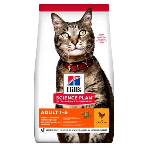 Hill's Science Plan Adult Cat Food Chicken Flavour bag with a cat, supports digestion and immune health for adult cats.