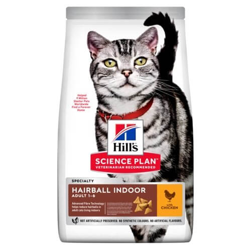 Hill's Science Plan Hairball Indoor Adult Cat Food with Chicken flavor in a bag, designed to reduce hairball formation.
