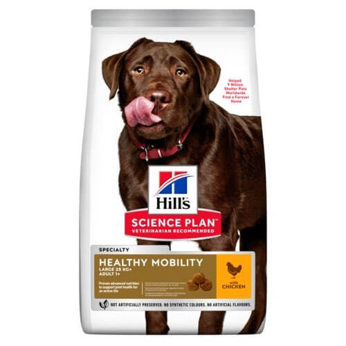 Hill's Science Plan Healthy Mobility Large Breed Dog Food 12kg with chicken flavor and a chocolate Labrador on the packaging.