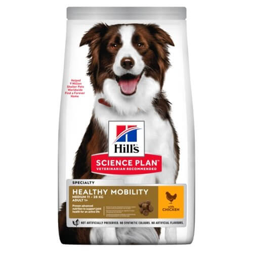 Hill's Science Plan Adult Healthy Mobility Medium Dog Food, Chicken flavor, 12kg bag designed for joint health and mobility.