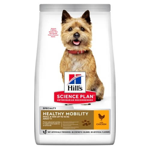 Hill's Science Plan Healthy Mobility dog food for small breeds, 1.5kg, chicken flavor, promotes active mobility and joint care.