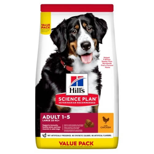 Hill's Science Plan Adult Large Dog Food Chicken Flavour packaging with a black and brown dog, designed for joint and muscle support.