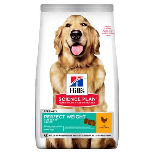 Hill's Science Plan Perfect Weight Large Dog Food with chicken flavor, 12kg bag, for adult dogs' balanced nutrition.