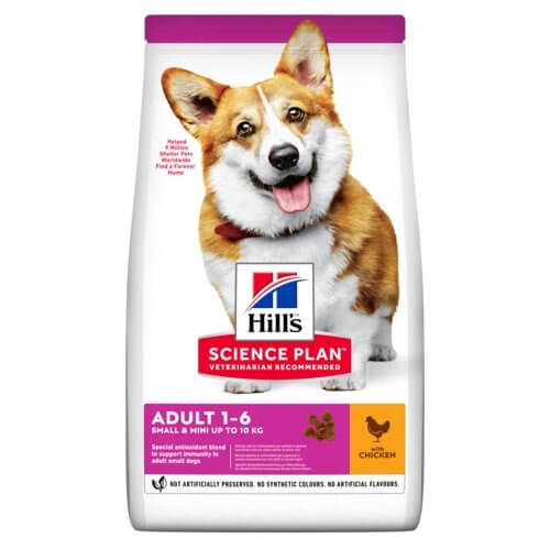 Hill's Science Plan Adult Small & Mini Chicken Flavour dog food packaging featuring a happy corgi.