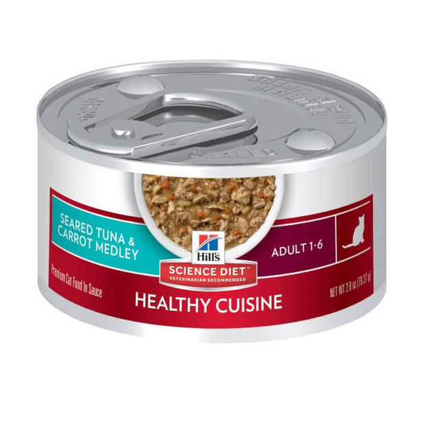 Hill's Science Plan Adult Wet Cat Food Tuna & Carrot medley can, featuring a savory blend of tuna and carrots in sauce.