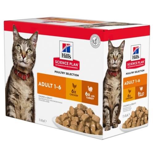 Hill's Science Plan Adult Wet Pouches Cat Food in Poultry Selection with chicken and turkey, 12x85g pack.