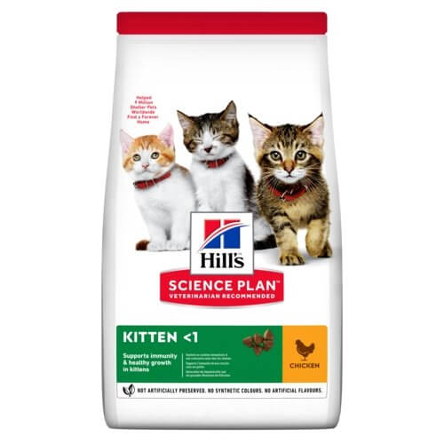 Hill's Science Plan Kitten Chicken Flavour food bag featuring three healthy kittens, promoting immunity and growth.