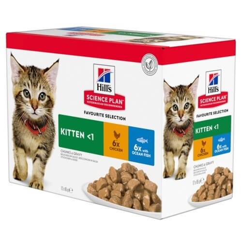 Hill's Science Plan Kitten Wet Food Pouches featuring chicken and ocean fish flavors in a box with a kitten image.