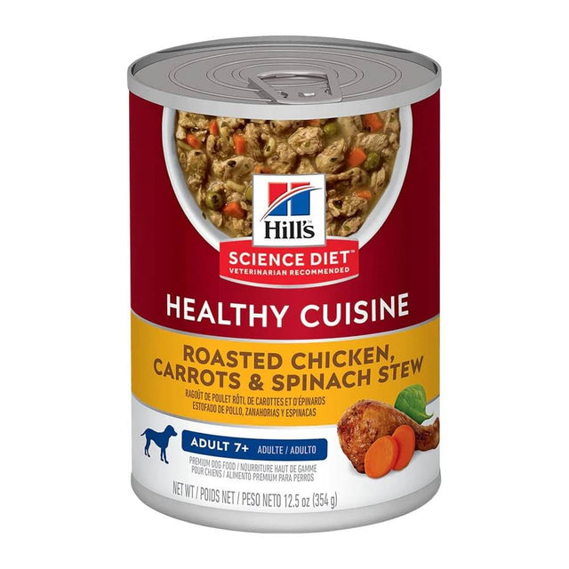 Hill's Science Diet Healthy Cuisine Roasted Chicken, Carrots, and Spinach Stew for mature dogs in a 354g can.