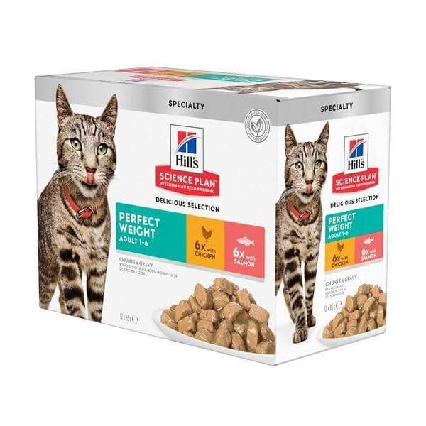 Hill's Science Plan Perfect Weight Wet Cat Food Pouches with chicken and salmon, 12x85g packaging on display.