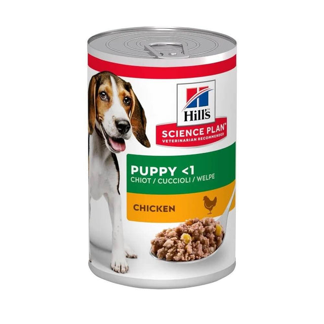 Hill's Science Plan Puppy Chicken tin for balanced nutrition in puppies, featuring a happy dog on the label.
