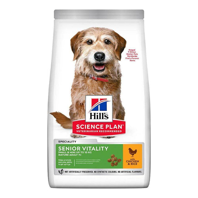 Hill's Science Plan Senior Vitality Chicken Small & Mini dog food bag for senior dogs, featuring a happy dog on the packaging.