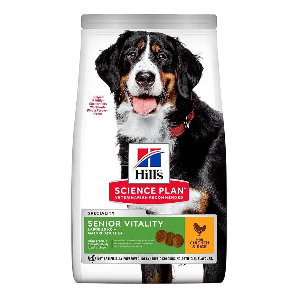 Hill's Science Plan Senior Vitality Large 14kg dog food packaging with a Bernese Mountain Dog.