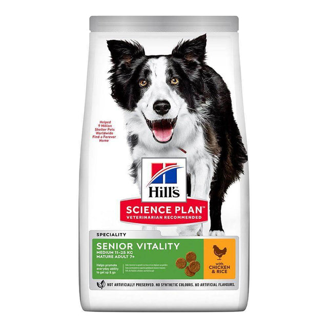 Hill's Science Plan Senior Vitality Medium Dog Food, formulated for dogs 7+, featuring a dog on the packaging with chicken and rice.