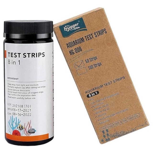 Hygger 8-in-1 aquarium water test strips pack for measuring water parameters in freshwater and saltwater aquariums.