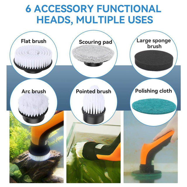 Hygger Aquarium 6 in 1 Electric Cleaning Brush with six functional heads for versatile cleaning in aquariums and pet areas.