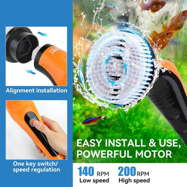 Hygger Aquarium 6 in 1 Electric Cleaning Brush demonstrating easy installation, powerful motor, and speed regulation for efficient cleaning.