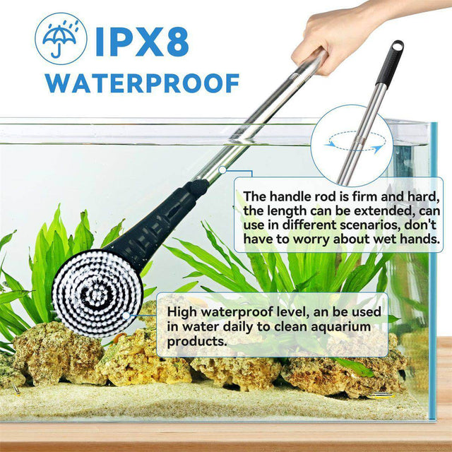 Hygger Aquarium Electric Cleaning Brush in use, showcasing its IPX8 waterproof design and extendable handle for easy aquarium maintenance.